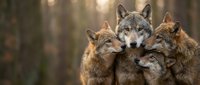 Wolf pack family portrait showing four wolves huddling together in warm embrace displaying strong family bonds and unity in natural forest habitat.