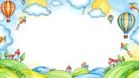 Colorful cartoon landscape frame with hot air balloons, kites, clouds and houses on rolling hills. Whimsical border design for children content and creative projects.
