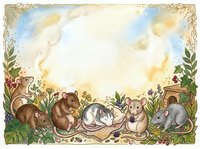 Adorable woodland animals border frame with rabbits, squirrels and mice surrounded by plants and flowers on watercolor background for greeting cards.