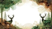 Forest frame with deer silhouettes and natural botanical elements creating decorative border for outdoor adventure designs and wildlife themes.