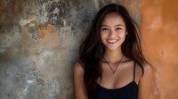 Young Asian woman with long dark hair and bright smile wearing black top against textured wall background, natural lighting creates warm atmospheric portrait.