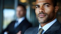 Professional African American businessman in suit looking confidently ahead in modern office environment with colleague in background.