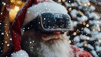 Santa Claus wearing virtual reality headset with falling snow and Christmas tree with bokeh lights in background during holiday season.