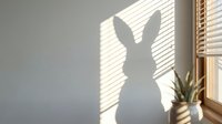 Easter bunny shadow on wall created by sunlight through window blinds with pineapple plant decoration for spring holiday celebration and seasonal home decor.