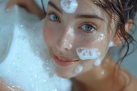 Young Asian woman with glowing skin and ethereal moon-like elements, sparkling freckles, and dreamy bubbles floating around her face in magical beauty portrait.