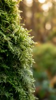 Lush green moss with water droplets covering tree bark in forest environment with soft bokeh background, suitable for nature and botanical projects.