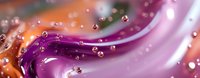 Abstract liquid art background with flowing purple and orange waves, dynamic water drops and swirling paint creating mesmerizing macro photography effect.