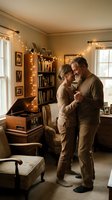 Middle-aged couple dancing together in cozy home library with warm string lights, vintage record player, and bookshelves. Romantic moment for relationships and home decor.
