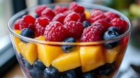 Fresh ripe raspberries, blueberries and mango chunks layered in glass bowl, healthy breakfast or dessert serving with bright natural colors.