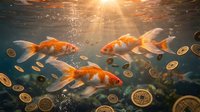 Goldfish swimming underwater with golden coins and sunlight rays creating magical aquatic scene with bubbles and warm lighting effects.