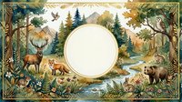 Wilderness forest frame with deer, bear, fox and mountain landscape surrounding blank circular space for text or design elements.