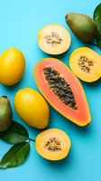 Fresh tropical papaya and yellow melons sliced open revealing juicy flesh and seeds on vibrant blue background, perfect for healthy food concept.