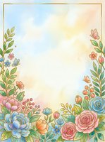 Soft watercolor floral frame with roses, peonies, butterflies, and berries on a pastel gradient background, perfect for cards and invitations.
