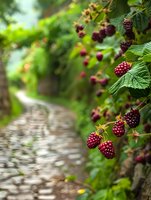 Fresh blackberries growing wild along garden path with soft bokeh background, ripe purple fruits on branch with green leaves in summer garden.