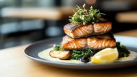 Grilled salmon fillets stacked with fresh microgreens and wilted spinach on dark plate, garnished with lemon wedge. Restaurant quality gourmet seafood dish.