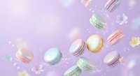 Colorful macarons falling on soft purple background with sparkles and confetti. Sweet dessert concept for bakery, cafe menu, celebration design.