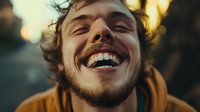Young Caucasian man with curly hair and beard laughing genuinely with closed eyes, wearing yellow hoodie, captured in natural sunset lighting with bokeh background.