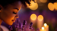 Young African American woman smiling peacefully with lavender flowers in foreground against warm bokeh lights background, creating serene evening atmosphere.