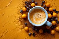 Fresh espresso in white cup surrounded by roasted coffee beans and orange kumquats on textured orange background, top view composition.