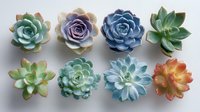 Colorful succulent plants collection arranged in two rows on white background, featuring various rosette shapes and pastel hues of blue, green, purple, and orange.