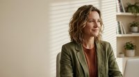 Middle-aged Caucasian businesswoman with curly hair in green blazer smiling confidently in modern office interior with natural lighting and plants.