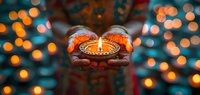 Female hands holding traditional oil lamp with burning flame against blurred festive bokeh lights during Diwali celebration.