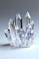 Clear quartz crystal cluster formation with multiple pointed terminations on white background, showing natural geometric structure and light refraction properties.