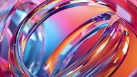 Vibrant abstract macro with curved glass or crystal elements creating dynamic reflections in pink, blue and orange tones, modern artistic background.