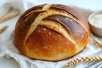 Fresh baked round sourdough bread loaf with golden brown crust and scoring marks on white linen cloth, surrounded by wheat stalks and flour bowl.