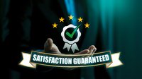 Business hands presenting satisfaction guaranteed badge with stars and checkmark on professional teal background for quality assurance marketing.