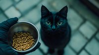 Black cat with bright green eyes looking up at metal bowl of dry cat food held by person wearing gloves, captured from above perspective on tiled floor background.