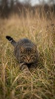 Tabby cat crouching low in tall dry grass, stalking prey with intense focused gaze in autumn field with blurred trees background.