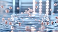 Metallic rose gold liquid drops splashing on rippling water surface against blue background, creating dynamic circular waves and floating spherical particles.