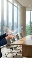 Businessperson holding digital hologram displaying tradition and innovation icons in modern office with city skyline view through windows, representing business strategy and digital transformation.