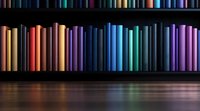 Colorful book spines arranged in rainbow spectrum order on dark wooden shelf, creating gradient effect with soft reflections on surface. Artistic library organization.