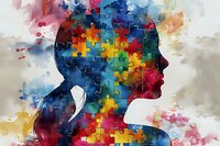 Female silhouette made of colorful puzzle pieces against watercolor background, representing mental health awareness, psychology and personal growth concept.