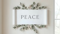 Elegant scroll banner with PEACE lettering, decorated with eucalyptus branches and berries on a neutral wall, perfect for holiday home decor.