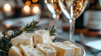 Gourmet cheese platter with wine glasses and rosemary garnish in soft bokeh lighting creates elegant dining atmosphere for entertaining and celebrations.
