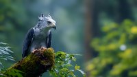 Majestic harpy eagle perched on mossy branch in misty rainforest environment, displaying distinctive gray feathers and powerful curved beak against blurred green background.