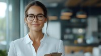 Young Asian businesswoman wearing glasses and white shirt smiling confidently in modern office setting. Professional corporate portrait with natural lighting and blurred background.