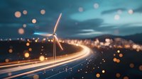 Wind turbine silhouette against night sky with light trails from highway traffic and bokeh effect, representing sustainable energy and modern infrastructure.