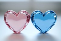Pink and blue glass heart shapes on light background, romantic concept for gender reveal party, wedding decoration or Valentine's day celebration.