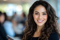 Young Hispanic businesswoman with wavy dark hair and bright smile holding digital tablet in office environment, wearing black professional attire.