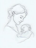 Minimalist line drawing of mother holding sleeping baby, tender moment captured in continuous flowing strokes. Gentle expression shows maternal love and care.