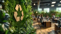 Eco-friendly office interior with wooden recycling symbol on green plant wall, modern workspace with natural elements and sustainable design focus.