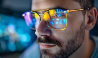 Close up of Caucasian man with beard wearing glasses reflecting colorful neon lights and digital displays, creating modern tech atmosphere in dark environment.
