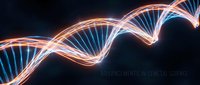 Glowing DNA double helix structure with orange and blue neon light trails on dark background, representing genetic science and biotechnology research.