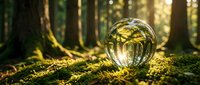 Crystal sphere reflecting sunlit forest scene on moss-covered log with golden light filtering through trees creating magical woodland atmosphere.
