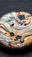 Abstract marbled resin art with swirling colors and black caviar pearls on dark slate surface for luxury food presentation and gourmet culinary design.