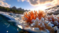 Vibrant coral reef ecosystem with orange and white corals underwater during golden hour sunset creating stunning natural marine biodiversity scene.
